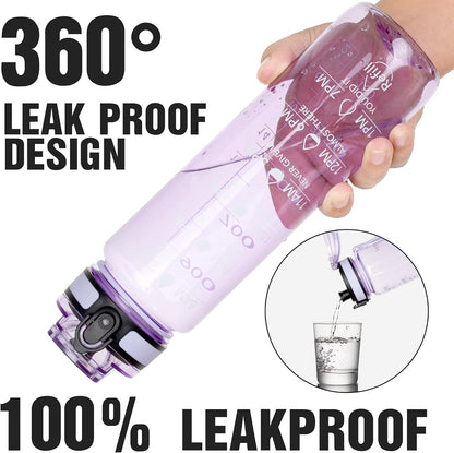 Water Bottle, 32oz Motivational Sports Water Bottle with Time Marker - Times to Drink - Tritan, BPA Free, Wide Mouth Leakproof, Clear (1 Bottle)