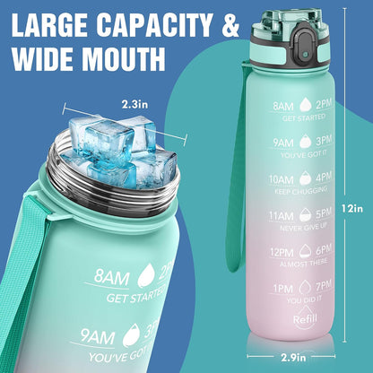 Water Bottle, 32oz Motivational Sports Water Bottle with Time Marker - Times to Drink - Tritan, BPA Free, Wide Mouth Leakproof, Clear (1 Bottle)