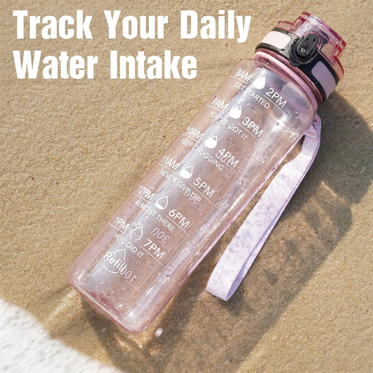 Water Bottle, 32oz Motivational Sports Water Bottle with Time Marker - Times to Drink - Tritan, BPA Free, Wide Mouth Leakproof, Clear (1 Bottle)