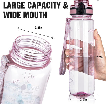 Water Bottle, 32oz Motivational Sports Water Bottle with Time Marker - Times to Drink - Tritan, BPA Free, Wide Mouth Leakproof, Clear (1 Bottle)