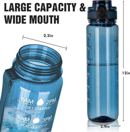 Water Bottle, 32oz Motivational Sports Water Bottle with Time Marker - Times to Drink - Tritan, BPA Free, Wide Mouth Leakproof, Clear (1 Bottle)