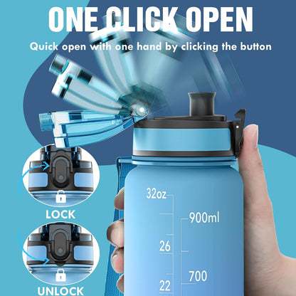 Water Bottle, 32oz Motivational Sports Water Bottle with Time Marker - Times to Drink - Tritan, BPA Free, Wide Mouth Leakproof, Clear (1 Bottle)