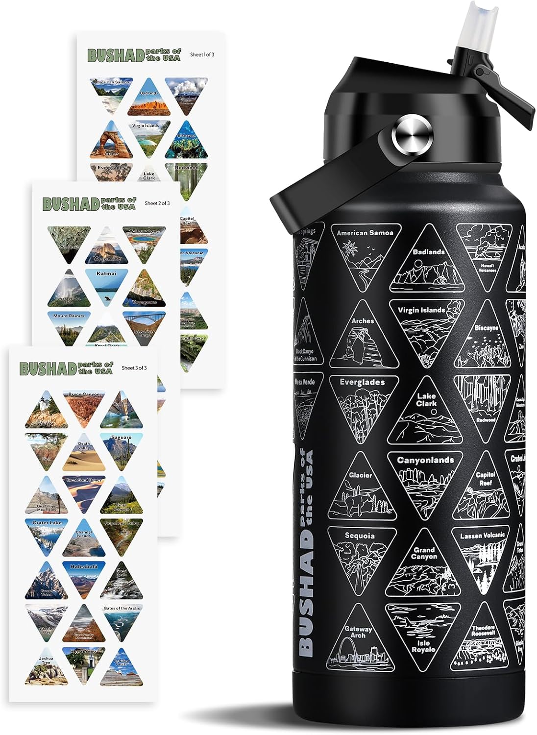National Parks Water Bottle with Stickers | 32oz Wide Mouth Leakproof Stainless Steel Bucket List Insulated Bottle for Camping & Hiking | Gifts for Hikers | BPA-Free [BLACK]