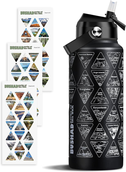 National Parks Water Bottle with Stickers | 32oz Wide Mouth Leakproof Stainless Steel Bucket List Insulated Bottle for Camping & Hiking | Gifts for Hikers | BPA-Free [BLACK]