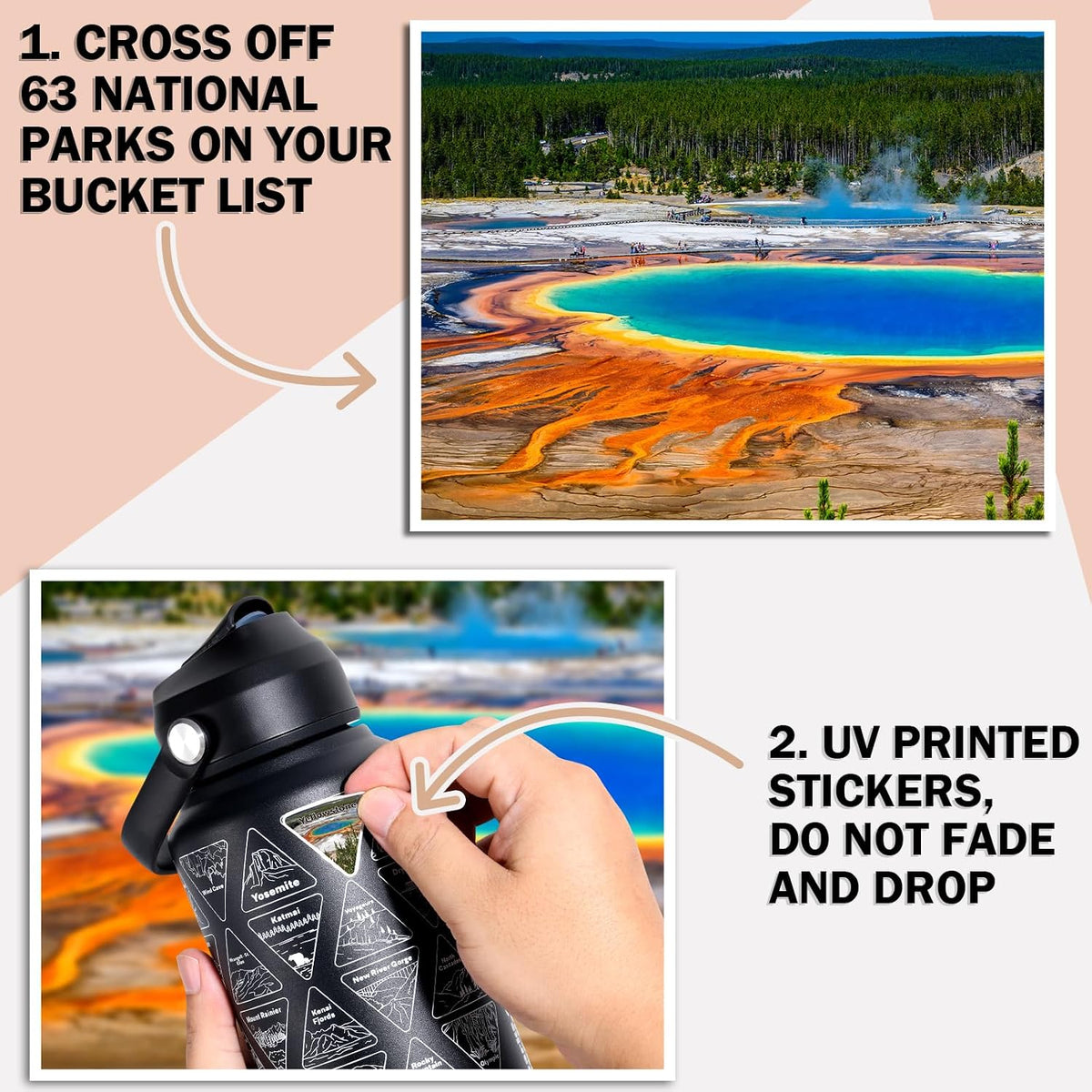 National Parks Water Bottle with Stickers | 32oz Wide Mouth Leakproof Stainless Steel Bucket List Insulated Bottle for Camping & Hiking | Gifts for Hikers | BPA-Free [BLACK]