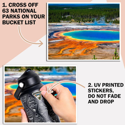 National Parks Water Bottle with Stickers | 32oz Wide Mouth Leakproof Stainless Steel Bucket List Insulated Bottle for Camping & Hiking | Gifts for Hikers | BPA-Free [BLACK]