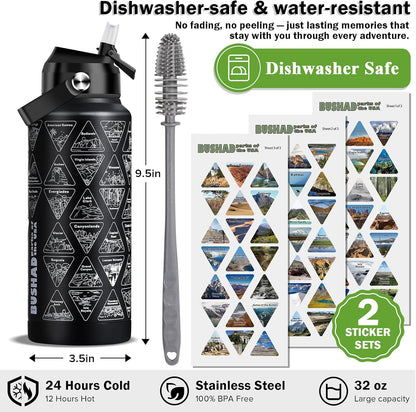 National Parks Water Bottle with Stickers | 32oz Wide Mouth Leakproof Stainless Steel Bucket List Insulated Bottle for Camping & Hiking | Gifts for Hikers | BPA-Free [BLACK]