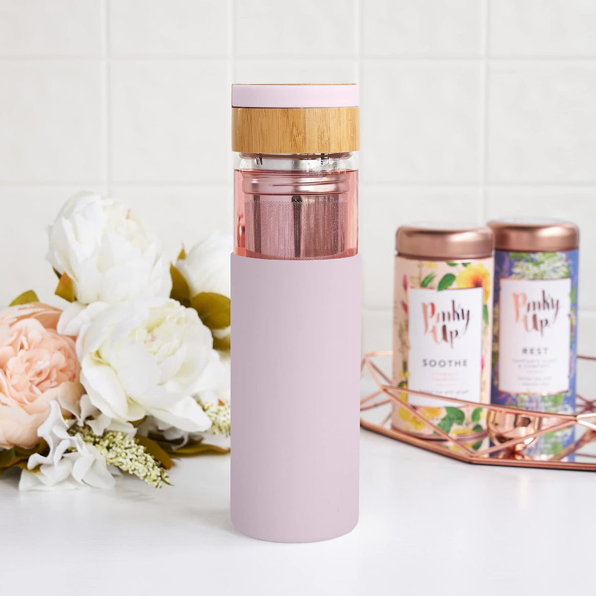 Blair Travel Tea Infuser Mug, Double Walled Insulated Travel Tumbler with Loose Leaf Tea Strainer, Travel Coffee Mug, Keeps Drinks Hot or Cold, 16 oz, White Leaf