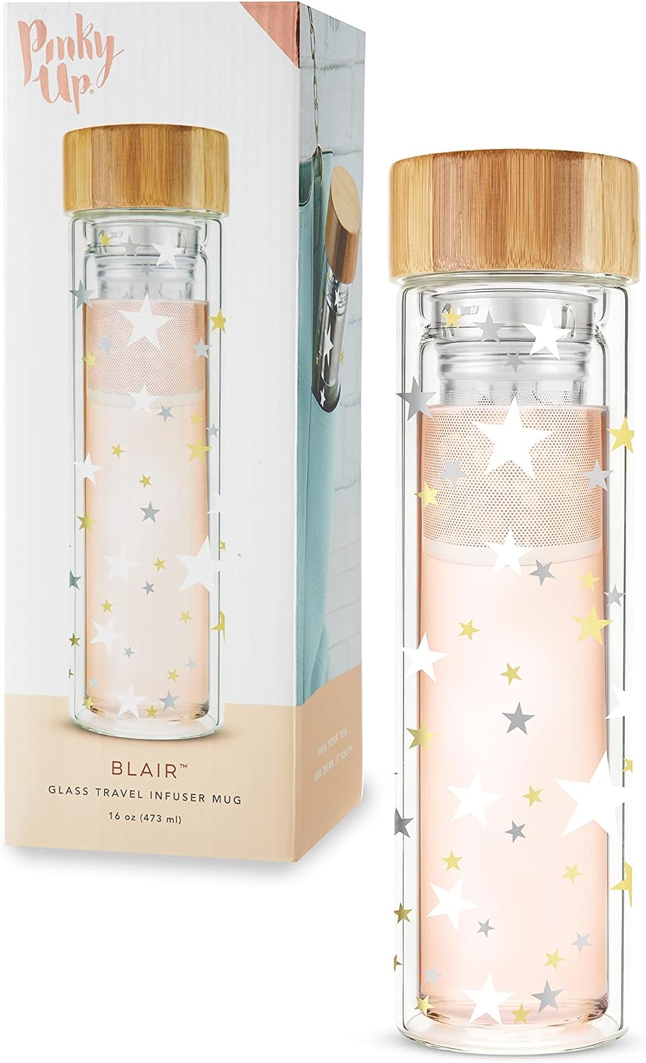 Blair Travel Tea Infuser Mug, Double Walled Insulated Travel Tumbler with Loose Leaf Tea Strainer, Travel Coffee Mug, Keeps Drinks Hot or Cold, 16 oz, White Leaf