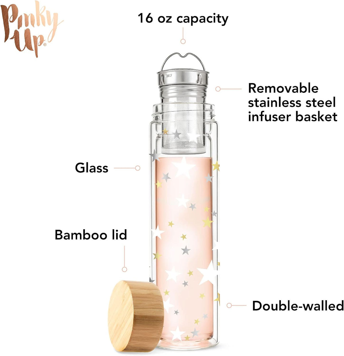 Blair Travel Tea Infuser Mug, Double Walled Insulated Travel Tumbler with Loose Leaf Tea Strainer, Travel Coffee Mug, Keeps Drinks Hot or Cold, 16 oz, White Leaf