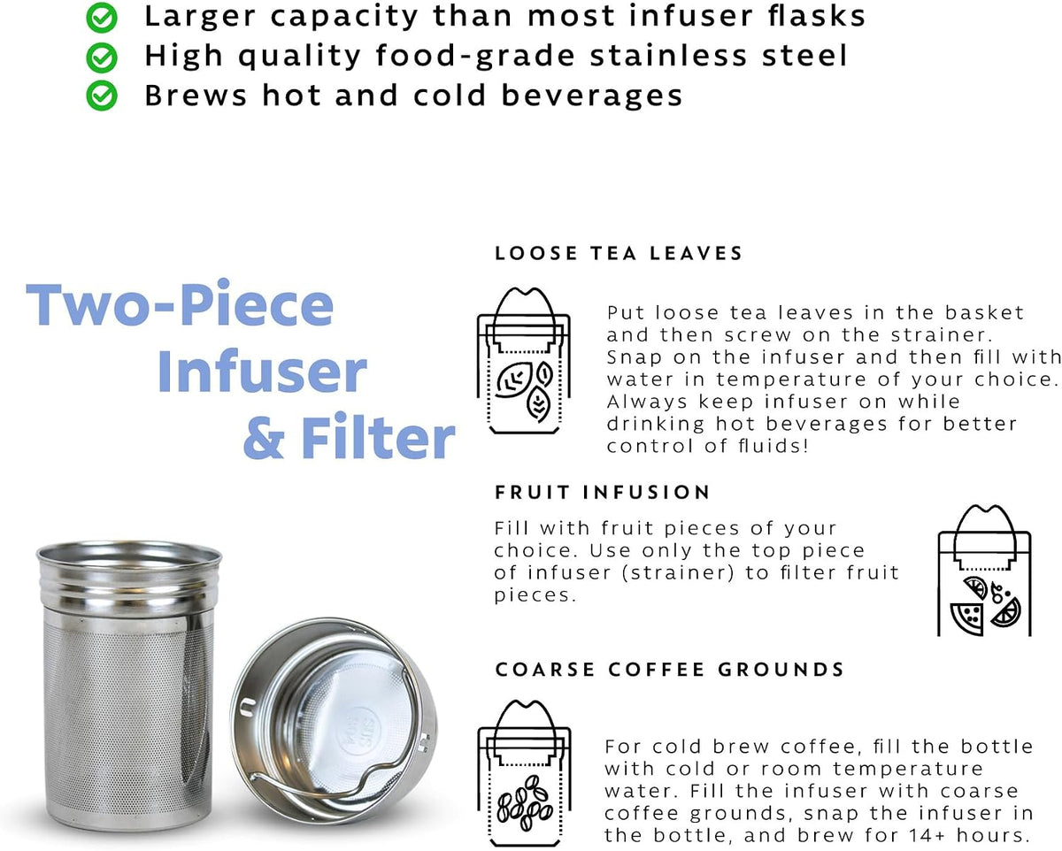 London Sip 25 oz Multi-Function Travel Mug and Tumbler Tea Infuser Water Bottle Fruit Infuser Flask Hot and Cold Double Wall Stainless Steel Coffee Thermos, Zen Black