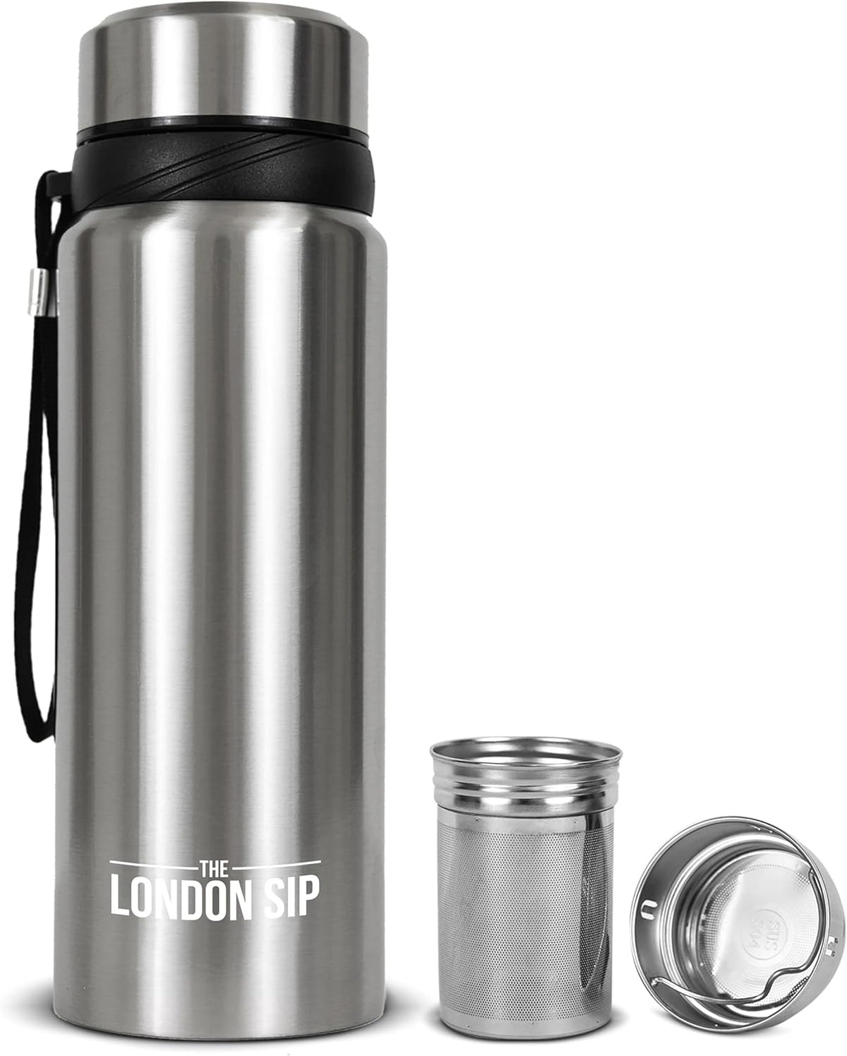London Sip 25 oz Multi-Function Travel Mug and Tumbler Tea Infuser Water Bottle Fruit Infuser Flask Hot and Cold Double Wall Stainless Steel Coffee Thermos, Zen Black