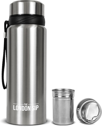 London Sip 25 oz Multi-Function Travel Mug and Tumbler Tea Infuser Water Bottle Fruit Infuser Flask Hot and Cold Double Wall Stainless Steel Coffee Thermos, Zen Black