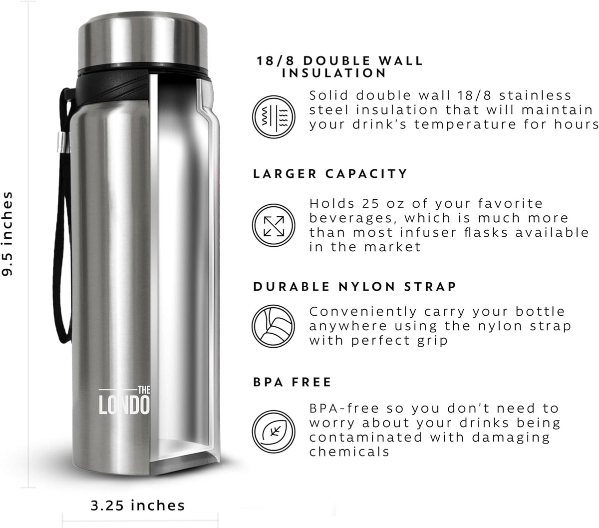 London Sip 25 oz Multi-Function Travel Mug and Tumbler Tea Infuser Water Bottle Fruit Infuser Flask Hot and Cold Double Wall Stainless Steel Coffee Thermos, Zen Black