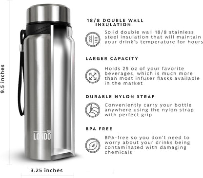 London Sip 25 oz Multi-Function Travel Mug and Tumbler Tea Infuser Water Bottle Fruit Infuser Flask Hot and Cold Double Wall Stainless Steel Coffee Thermos, Zen Black