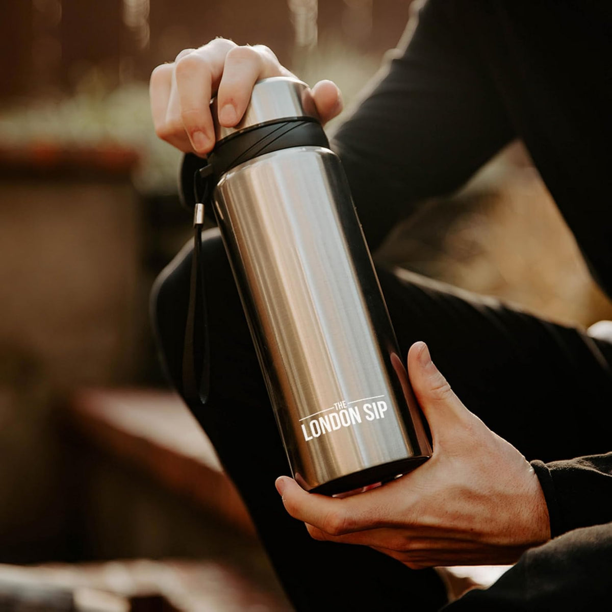 London Sip 25 oz Multi-Function Travel Mug and Tumbler Tea Infuser Water Bottle Fruit Infuser Flask Hot and Cold Double Wall Stainless Steel Coffee Thermos, Zen Black