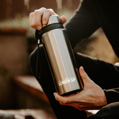 London Sip 25 oz Multi-Function Travel Mug and Tumbler Tea Infuser Water Bottle Fruit Infuser Flask Hot and Cold Double Wall Stainless Steel Coffee Thermos, Zen Black