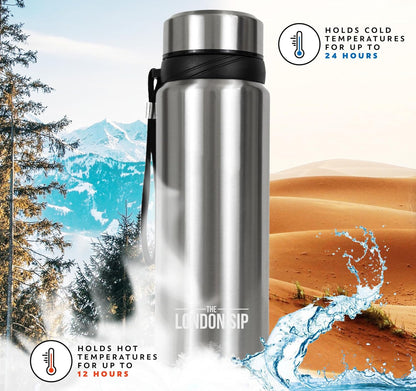 London Sip 25 oz Multi-Function Travel Mug and Tumbler Tea Infuser Water Bottle Fruit Infuser Flask Hot and Cold Double Wall Stainless Steel Coffee Thermos, Zen Black