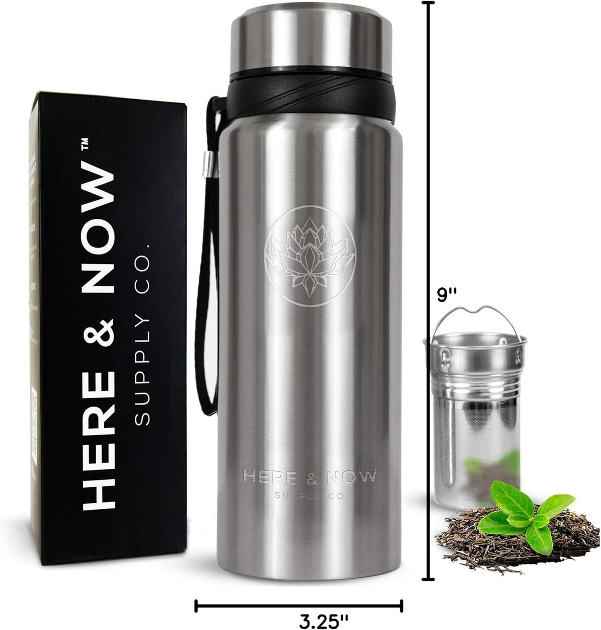 London Sip 25 oz Multi-Function Travel Mug and Tumbler Tea Infuser Water Bottle Fruit Infuser Flask Hot and Cold Double Wall Stainless Steel Coffee Thermos, Zen Black