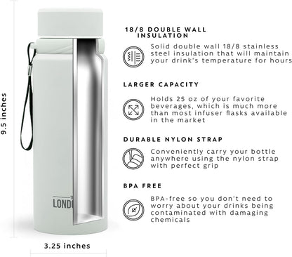 London Sip 25 oz Multi-Function Travel Mug and Tumbler Tea Infuser Water Bottle Fruit Infuser Flask Hot and Cold Double Wall Stainless Steel Coffee Thermos, Zen Black