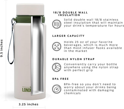 London Sip 25 oz Multi-Function Travel Mug and Tumbler Tea Infuser Water Bottle Fruit Infuser Flask Hot and Cold Double Wall Stainless Steel Coffee Thermos, Zen Black