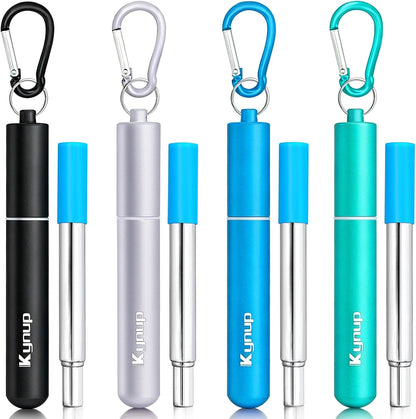 Kynup 4Packs Reusable Straws, Metal Straw with Silicon, Travel Drinking Straws with Case, Keychain, Cleaning Brushes, Silicon Pcs Perfect for Travel, Gifts (20 PCS) Blue-Black-Silver-Turquoise