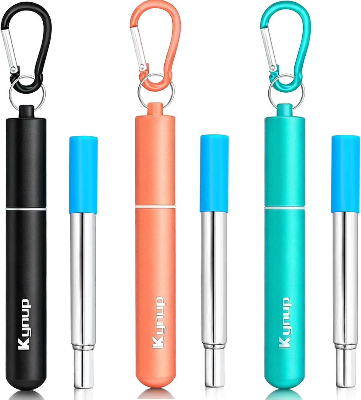 Kynup 4Packs Reusable Straws, Metal Straw with Silicon, Travel Drinking Straws with Case, Keychain, Cleaning Brushes, Silicon Pcs Perfect for Travel, Gifts (20 PCS) Blue-Black-Silver-Turquoise