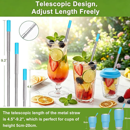 Kynup 4Packs Reusable Straws, Metal Straw with Silicon, Travel Drinking Straws with Case, Keychain, Cleaning Brushes, Silicon Pcs Perfect for Travel, Gifts (20 PCS) Blue-Black-Silver-Turquoise