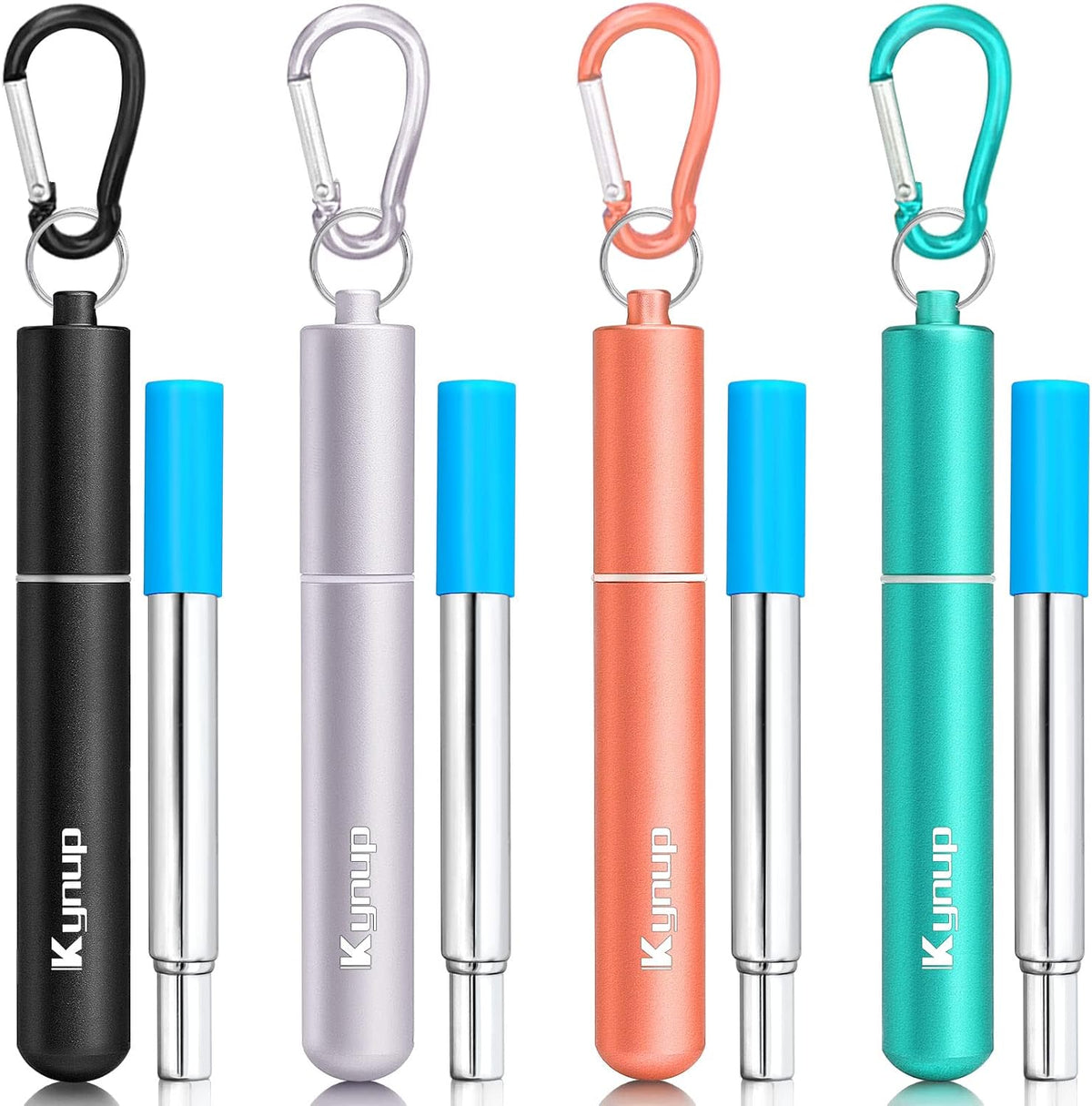 Kynup 4Packs Reusable Straws, Metal Straw with Silicon, Travel Drinking Straws with Case, Keychain, Cleaning Brushes, Silicon Pcs Perfect for Travel, Gifts (20 PCS) Blue-Black-Silver-Turquoise