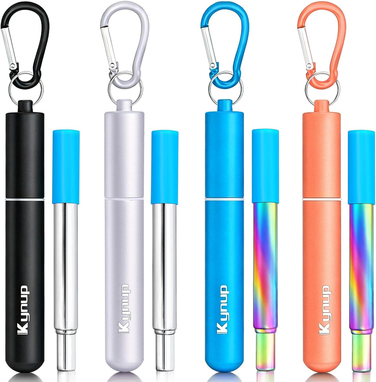 Kynup 4Packs Reusable Straws, Metal Straw with Silicon, Travel Drinking Straws with Case, Keychain, Cleaning Brushes, Silicon Pcs Perfect for Travel, Gifts (20 PCS) Blue-Black-Silver-Turquoise