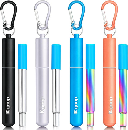 Kynup 4Packs Reusable Straws, Metal Straw with Silicon, Travel Drinking Straws with Case, Keychain, Cleaning Brushes, Silicon Pcs Perfect for Travel, Gifts (20 PCS) Blue-Black-Silver-Turquoise
