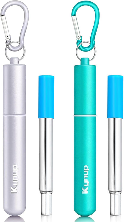 Kynup 4Packs Reusable Straws, Metal Straw with Silicon, Travel Drinking Straws with Case, Keychain, Cleaning Brushes, Silicon Pcs Perfect for Travel, Gifts (20 PCS) Blue-Black-Silver-Turquoise
