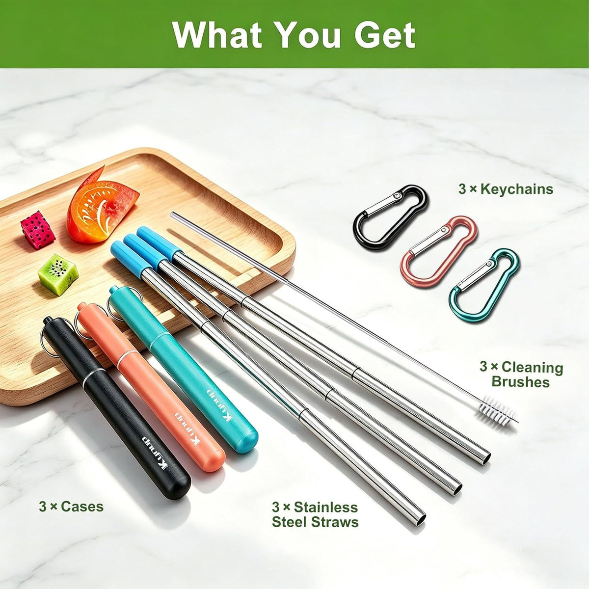 Kynup 4Packs Reusable Straws, Metal Straw with Silicon, Travel Drinking Straws with Case, Keychain, Cleaning Brushes, Silicon Pcs Perfect for Travel, Gifts (20 PCS) Blue-Black-Silver-Turquoise