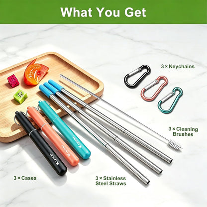 Kynup 4Packs Reusable Straws, Metal Straw with Silicon, Travel Drinking Straws with Case, Keychain, Cleaning Brushes, Silicon Pcs Perfect for Travel, Gifts (20 PCS) Blue-Black-Silver-Turquoise