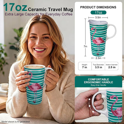 17oz Ceramic Travel Mug with Lid, Colorful Floral Gift Coffee Mug | Large Ceramic Coffee Mug with Handle, Microwave & Dishwasher Safe, Gift Box Included