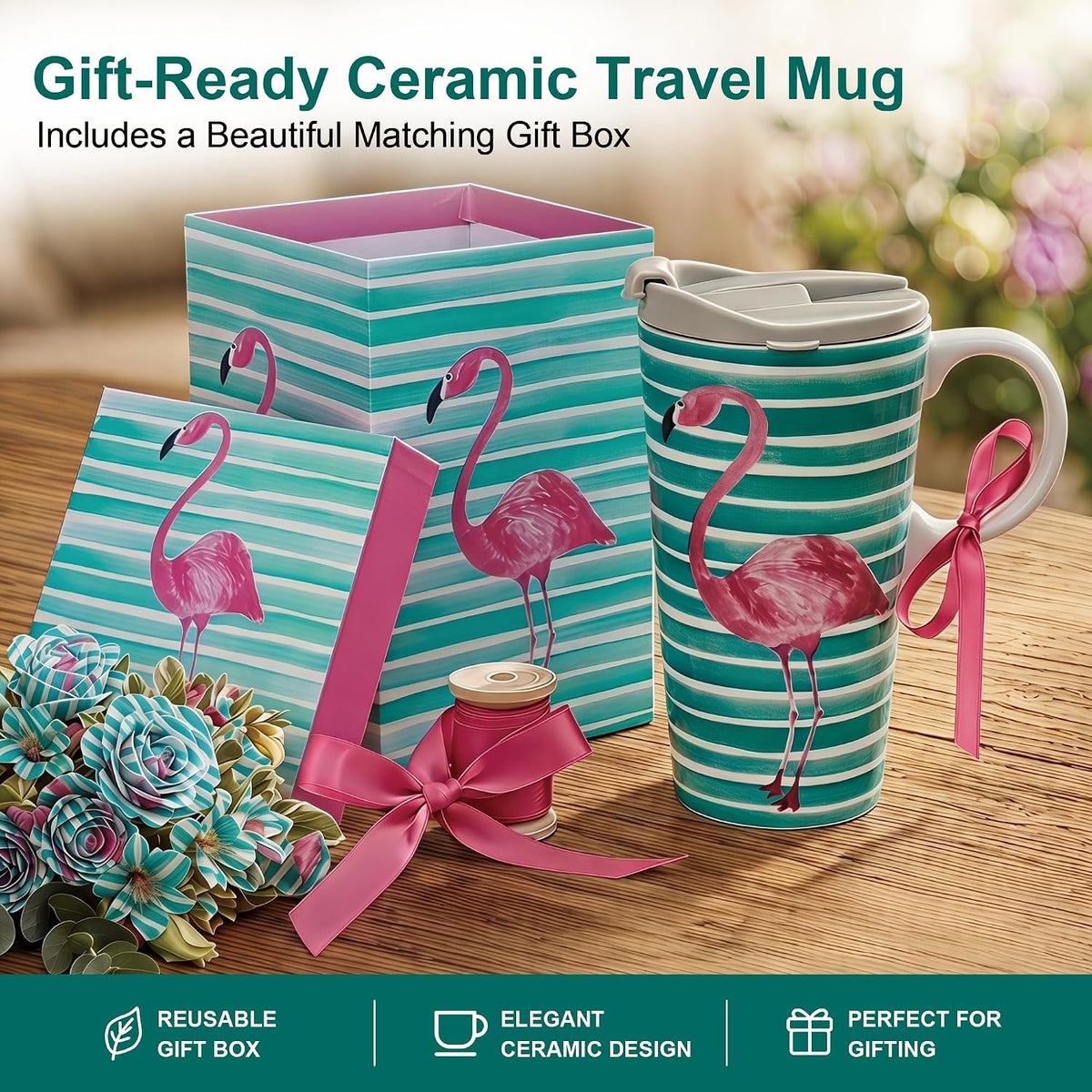 17oz Ceramic Travel Mug with Lid, Colorful Floral Gift Coffee Mug | Large Ceramic Coffee Mug with Handle, Microwave & Dishwasher Safe, Gift Box Included