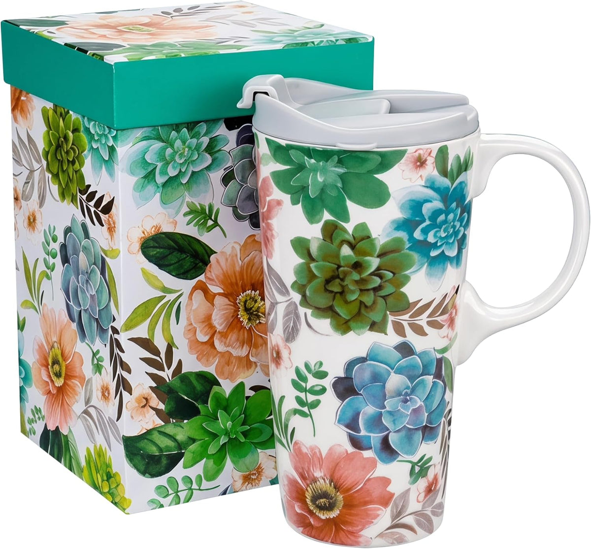 17oz Ceramic Travel Mug with Lid, Colorful Floral Gift Coffee Mug | Large Ceramic Coffee Mug with Handle, Microwave & Dishwasher Safe, Gift Box Included