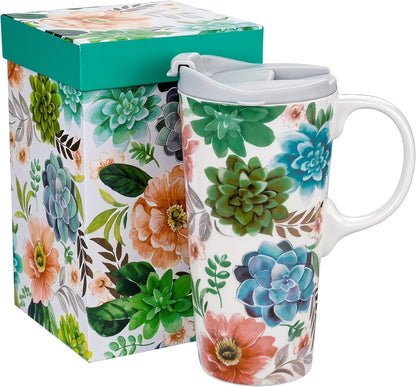 17oz Ceramic Travel Mug with Lid, Colorful Floral Gift Coffee Mug | Large Ceramic Coffee Mug with Handle, Microwave & Dishwasher Safe, Gift Box Included