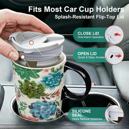 17oz Ceramic Travel Mug with Lid, Colorful Floral Gift Coffee Mug | Large Ceramic Coffee Mug with Handle, Microwave & Dishwasher Safe, Gift Box Included