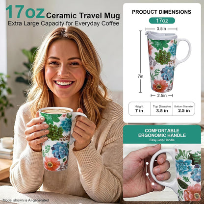 17oz Ceramic Travel Mug with Lid, Colorful Floral Gift Coffee Mug | Large Ceramic Coffee Mug with Handle, Microwave & Dishwasher Safe, Gift Box Included