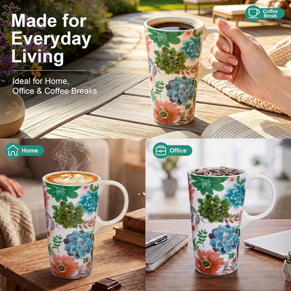 17oz Ceramic Travel Mug with Lid, Colorful Floral Gift Coffee Mug | Large Ceramic Coffee Mug with Handle, Microwave & Dishwasher Safe, Gift Box Included