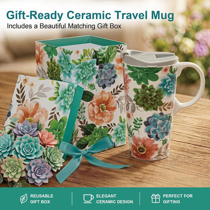17oz Ceramic Travel Mug with Lid, Colorful Floral Gift Coffee Mug | Large Ceramic Coffee Mug with Handle, Microwave & Dishwasher Safe, Gift Box Included
