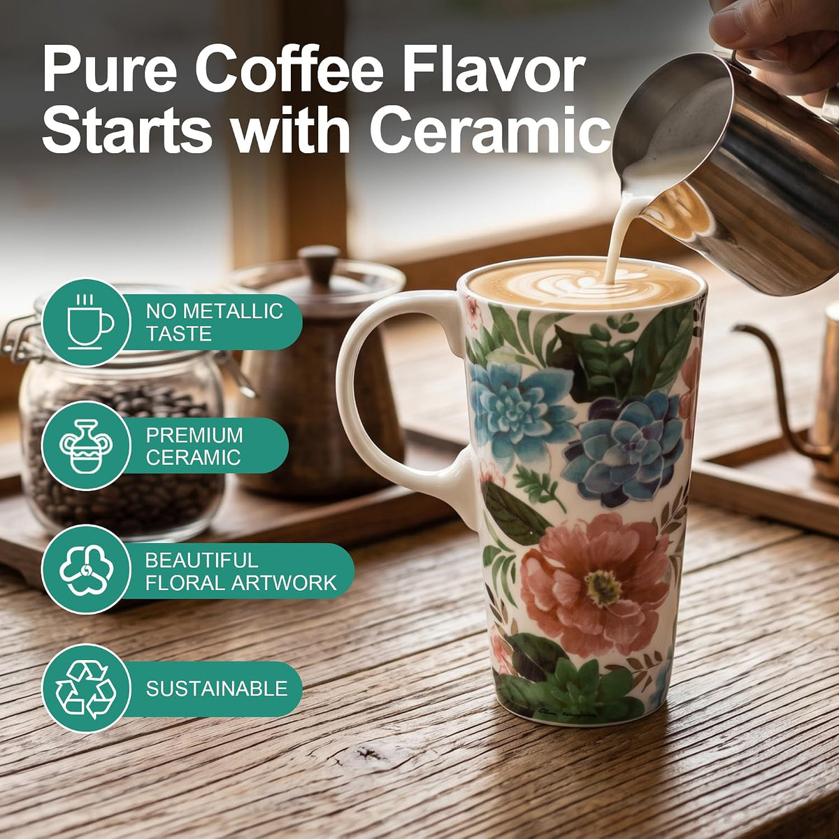 17oz Ceramic Travel Mug with Lid, Colorful Floral Gift Coffee Mug | Large Ceramic Coffee Mug with Handle, Microwave & Dishwasher Safe, Gift Box Included