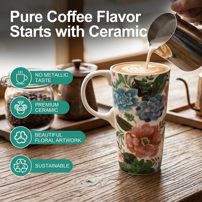 17oz Ceramic Travel Mug with Lid, Colorful Floral Gift Coffee Mug | Large Ceramic Coffee Mug with Handle, Microwave & Dishwasher Safe, Gift Box Included