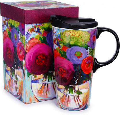 17oz Ceramic Travel Mug with Lid, Colorful Floral Gift Coffee Mug | Large Ceramic Coffee Mug with Handle, Microwave & Dishwasher Safe, Gift Box Included