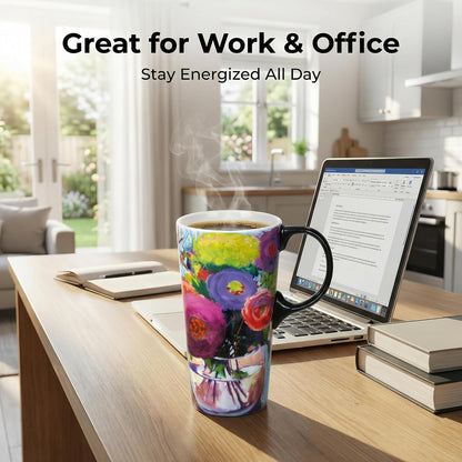 17oz Ceramic Travel Mug with Lid, Colorful Floral Gift Coffee Mug | Large Ceramic Coffee Mug with Handle, Microwave & Dishwasher Safe, Gift Box Included