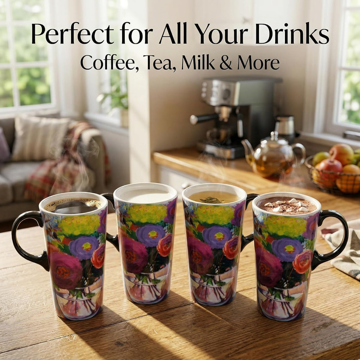 17oz Ceramic Travel Mug with Lid, Colorful Floral Gift Coffee Mug | Large Ceramic Coffee Mug with Handle, Microwave & Dishwasher Safe, Gift Box Included