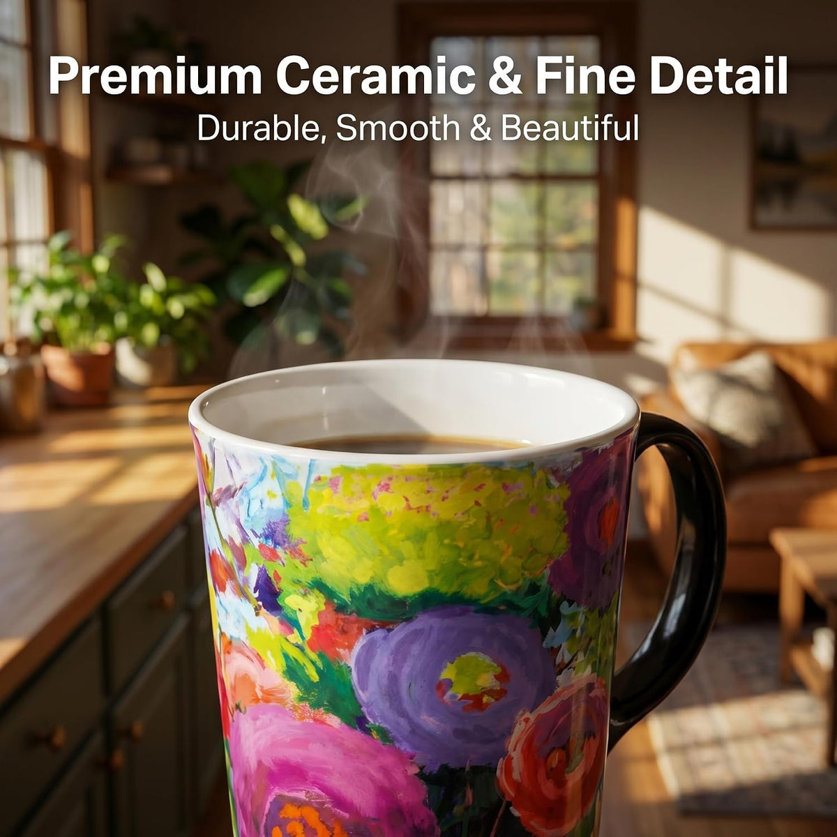 17oz Ceramic Travel Mug with Lid, Colorful Floral Gift Coffee Mug | Large Ceramic Coffee Mug with Handle, Microwave & Dishwasher Safe, Gift Box Included