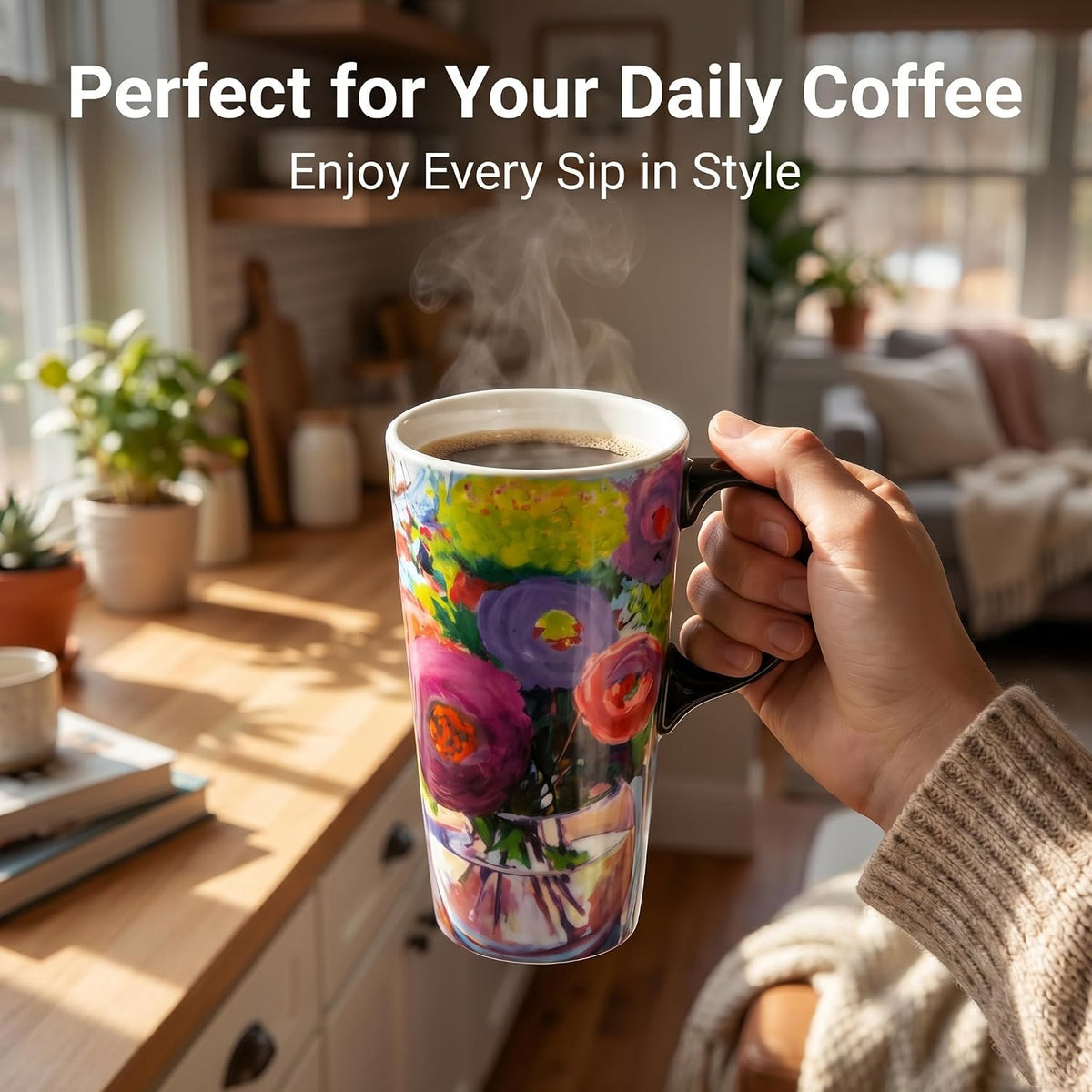 17oz Ceramic Travel Mug with Lid, Colorful Floral Gift Coffee Mug | Large Ceramic Coffee Mug with Handle, Microwave & Dishwasher Safe, Gift Box Included