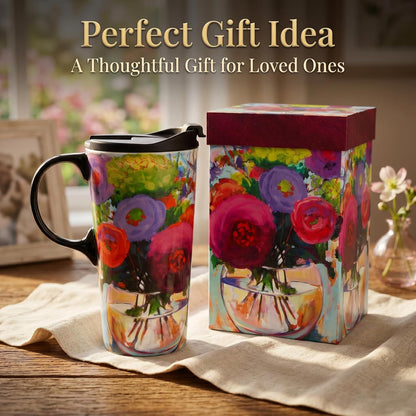 17oz Ceramic Travel Mug with Lid, Colorful Floral Gift Coffee Mug | Large Ceramic Coffee Mug with Handle, Microwave & Dishwasher Safe, Gift Box Included